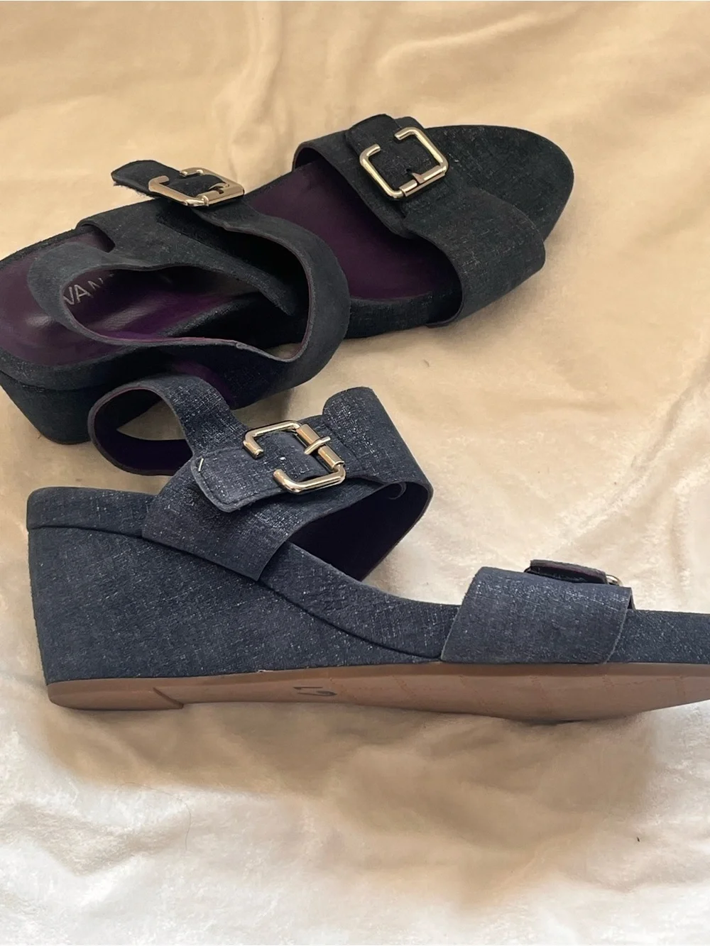 Vaneli Navy Denim Buckle Slingback Sandals